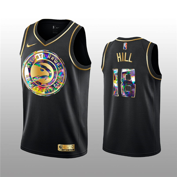Men's Atlanta Hawks #18 Solomon Hill 2021/22 Black Golden Edition 75th Anniversary Diamond Logo Stitched Basketball Jersey Men's Atlanta Hawks #18 Solomon Hill 2021/22 Black Golden Edition 75th Anniversary Diamond Logo Stitched Basketball Jersey